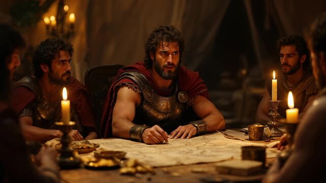 Ancient heroes strategize over a map in a dimly lit room for battle