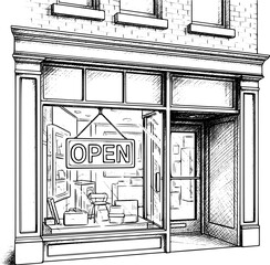 Fototapeta premium Storefront with open sign with hand-drawn style