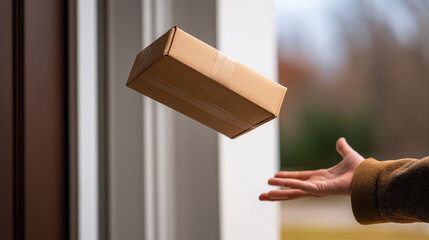 Delivery person throwing a package towards the doorstep during a sunny afternoon