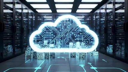 Digital city visualization appearing under a cloud computing symbol inside a futuristic server room with data transfer and binary code flowing - Powered by Adobe