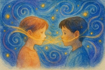 Childhood Autism Understanding – Two Children Facing in Starry Night. Two children face each other while golden threads and swirling stars link their expressions.