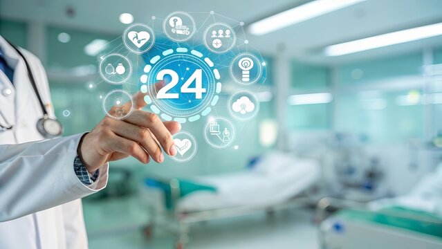 Doctor interacts with futuristic healthcare technology displaying 24 hour service icons