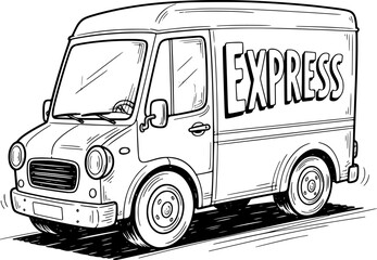 Delivery van with text in sketch style with hand-drawn style