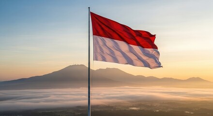 Waving flag over misty mountains