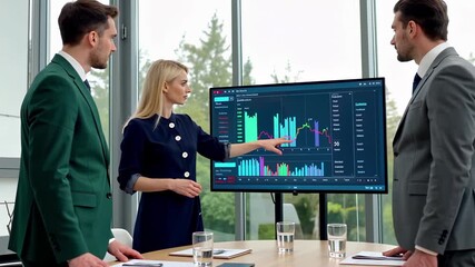 Business team analyzing financial data dashboard with charts, graphs. Corporate meeting presentation, analytics review. Professional executives discussing performance metrics, kpi statistics. - Powered by Adobe