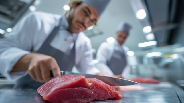 Skilled chefs preparing fresh meat in a busy kitchen environment during service hours