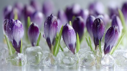 Delicate purple crocus buds on ice