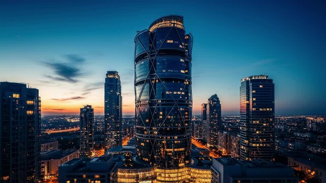Contemporary city skyline dominated by a tall tower with rounded glass facade and innovative design.