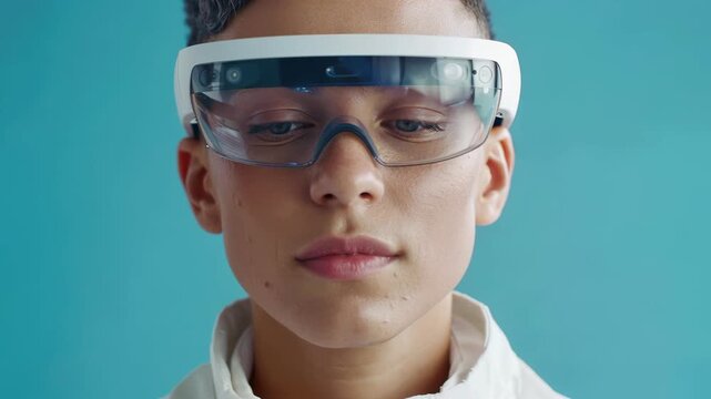Woman wearing futuristic ar smart glasses, hands adjusting augmented reality headset. Advanced wearable technology, digital interface innovation. Modern optical computing device concept.