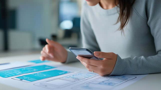 Designer reviews smartphone app mockups while holding a device in a modern workspace