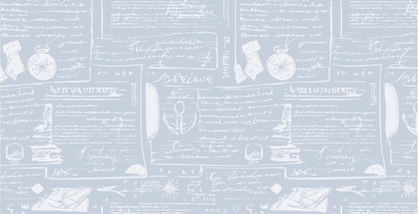 Travel themed old pattern of abstract illegible handwritten text. Vintage grunge bad calligraphy script, notes, book document. Vector illustration of monochrome unreadable handwriting cursive poetry  © theeve