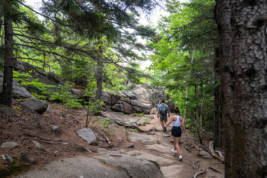 Hikers on Rocky Forest Trail in Acadia National Park Maine