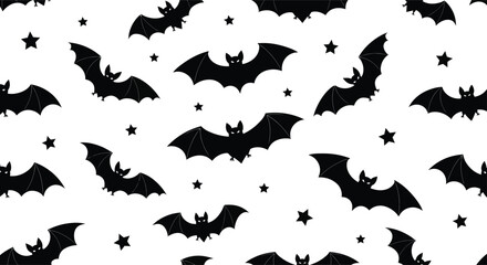 Vector art of seamless pattern of black flying bats and stars isolated on white background