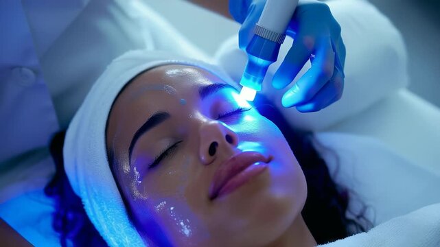 A woman receives a professional facial treatment, highlighted by a focused light, to rejuvenate and improve the complexion. The blue light effect enhances the clinical atmosphere.