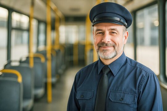 High resolution, ultra realistic portrait of a friendly middle-aged bus driver in navy blue uniform and cap, smiling confidently inside a bright, empty city bus, with ample copy space on the sides