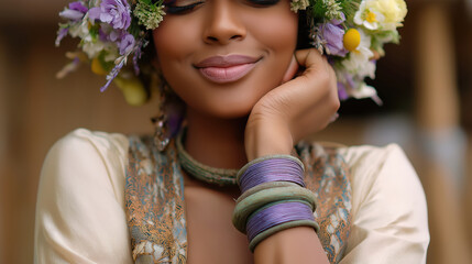 Beautiful woman wearing floral crown and accessories, showcasing fashion in nature