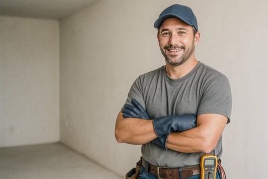 Smiling male electrician wearing a navy cap, grey t-shirt, gloves, and tool belt, standing with arms crossed in a bright unfinished room, symbolizing skilled trades, electrical work