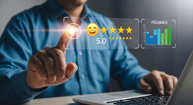 Man's hand interacts with a digital screen showing a 5-star rating, happy emoji, and feedback graph.