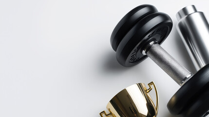 Fitness equipment alongside a trophy on a plain background for health enthusiasts