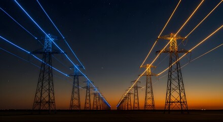 Rows of power transmission towers with glowing blue and orange cables under a starry twilight sky, creating a dramatic and futuristic industrial landscape.