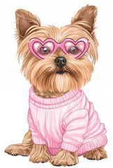Illustartion of happy Yorkshire Terrier dog wears in pink sweater and sunglasses. Isolated on white background. Cute style clipart