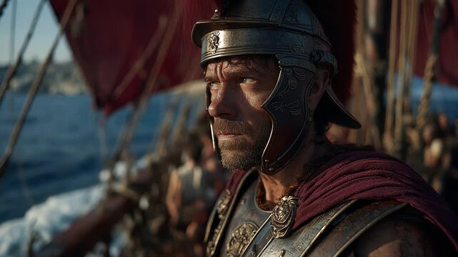 A Roman Warrior fights on a ship in an epic ancient naval battle