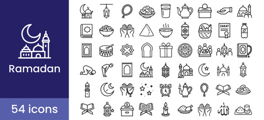 Ramadan Kareem icon set for the Islamic holiday, with Muslim prayer, mosque, Quran, and Iftar symbols.

