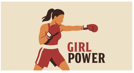 Vector Flat Solid Color Vintage Girl Power Logo Retro Women Boxing Emblem