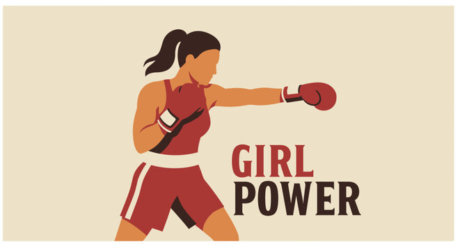 Vector Flat Solid Color Vintage Girl Power Logo Retro Women Boxing Emblem - Powered by Adobe