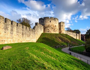 Ancient stone walls and a round tower