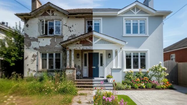 Dynamic zoom capturing changes in dilapidated house facade to fresh vibrant curb appeal.