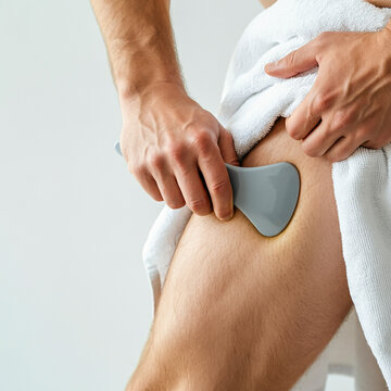 close up of young man getting self massage with a scraper on his leg