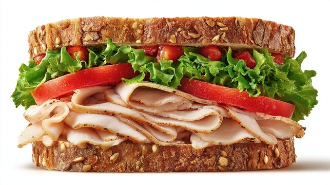 Turkey sandwich with lettuce and tomatoes on whole grain bread, eye-level view - Powered by Adobe