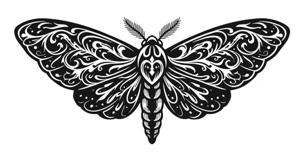 Vector Moth Tattoo Drawing – Monochrome Night Butterfly with Antennae and Ornamental Tracery