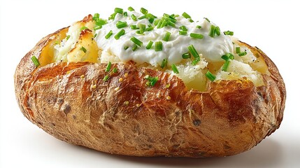 Baked potato, split and topped with sour cream and chives, studio shot on white