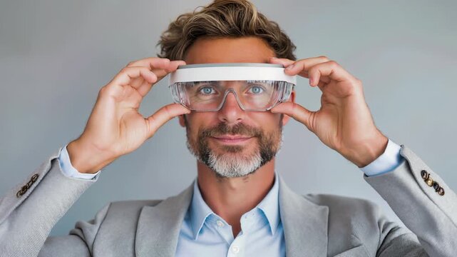Professional businessman in gray suit adjusting futuristic ar glasses. Corporate executive exploring augmented reality technology interface. Modern wearable device for business innovation, digital