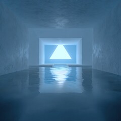 A cool, minimalist, light-filled tunnel.  A white, textured tunnel with a watery floor reflects a light-blue triangle in the center