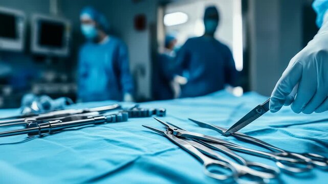 Close up on a set of surgical tools, scissors and scalpel, laid out on a blue surgical cloth on a table. Two surgeons wearing masks are in the background getting ready for an operation.