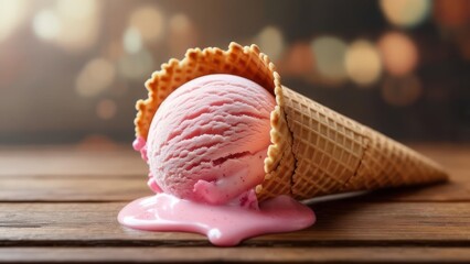 Pink ice cream melting in waffle cone
