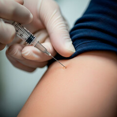 Close-up of a gloved hand injecting a needle into a patient's arm, focusing on the injection site and needle.