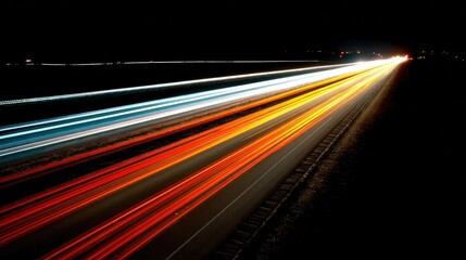 Night highway, streaks of light.  Long exposure captures fast-moving vehicles illuminating the roadway in streaks of color.  Dark night, highway lanes, vibrant light trails