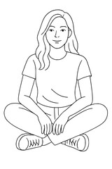 Line art illustration of a woman with long hair sitting cross legged wearing a shirt and pants casually posed