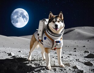 A dog in a space suit stands on the Moon, gazing at planet Earth in the distance. A whimsical blend of exploration, loyalty, and cosmic wonder.