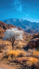 A solitary tree, frosted white, stands amidst a dry, mountainous landscape under a star-studded night sky