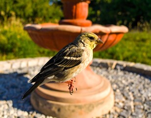 Bird perched on a fountain in a garden