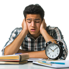 Sleepy student looking at alarm clock with panic, isolated on white background, PNG exam pressure concept