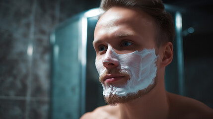 Man applying shaving cream in a bathroom while preparing for grooming routine