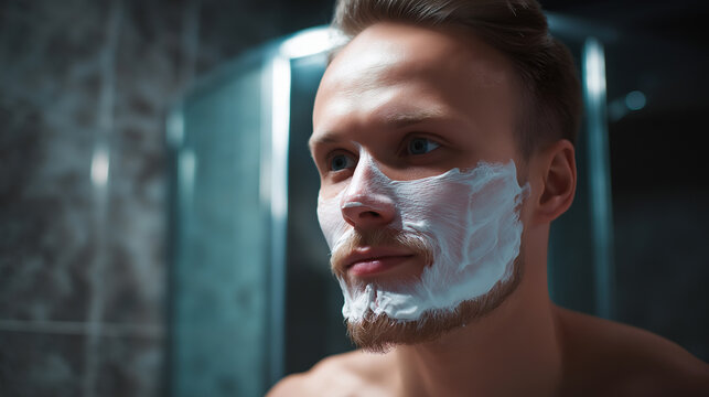 Man applying shaving cream in a bathroom while preparing for grooming routine - Powered by Adobe