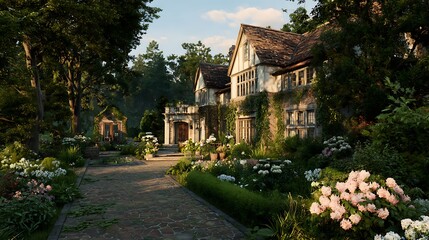 Naklejka premium Awesome photo of classic English manor house with lush gardens and sunrise.