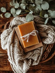 Fototapeta premium A light beige soap bar rests on a light brown card, nestled within a soft, light beige knitted blanket, alongside sprigs of eucalyptus